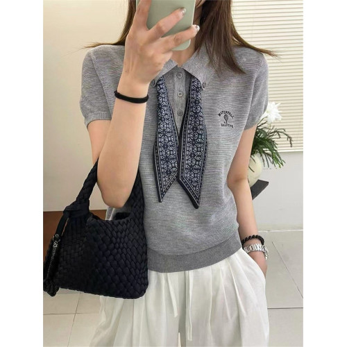 品牌撤櫃剪標配絲巾翻領冰絲針織衫女裝歐洲站夏裝歐貨洋氣打底衫