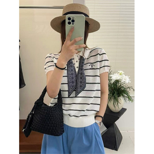 品牌撤櫃剪標配絲巾翻領冰絲針織衫女裝歐洲站夏裝歐貨洋氣打底衫