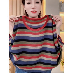 夏季圓領短袖彩色條紋針織衫女慵懶風寬松上衣超好看套頭打底衫潮