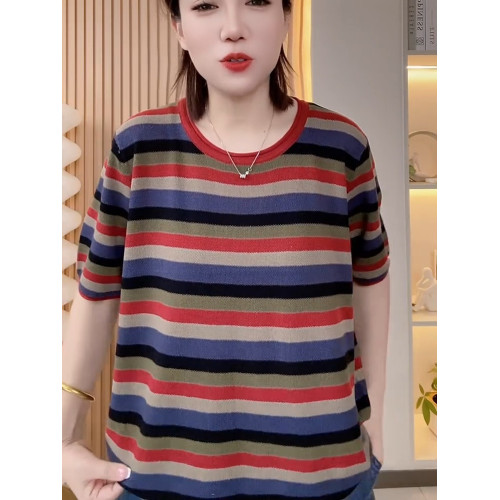 夏季圓領短袖彩色條紋針織衫女慵懶風寬松上衣超好看套頭打底衫潮