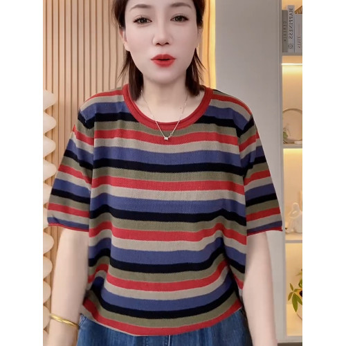 夏季圓領短袖彩色條紋針織衫女慵懶風寬松上衣超好看套頭打底衫潮