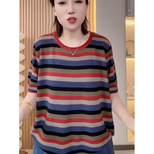 夏季圓領短袖彩色條紋針織衫女慵懶風寬松上衣超好看套頭打底衫潮