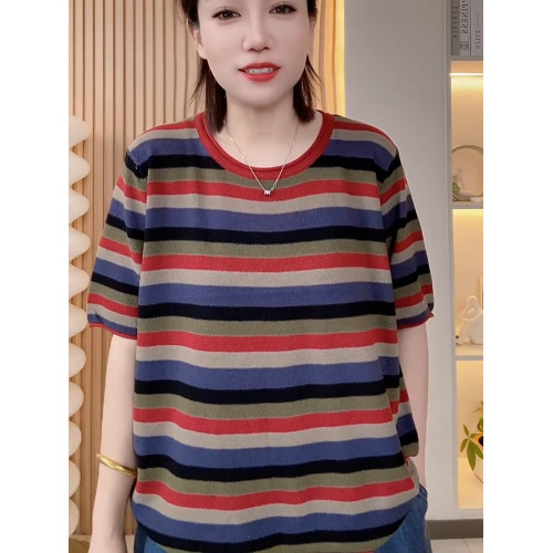 夏季圓領短袖彩色條紋針織衫女慵懶風寬松上衣超好看套頭打底衫潮