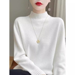 2025秋冬季半高領毛衣寬松中領針織衫立領套頭純色保暖羊毛打底衫