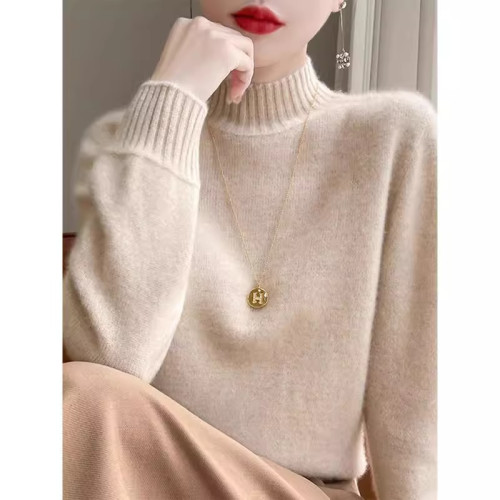 2025秋冬季半高領毛衣寬松中領針織衫立領套頭純色保暖羊毛打底衫