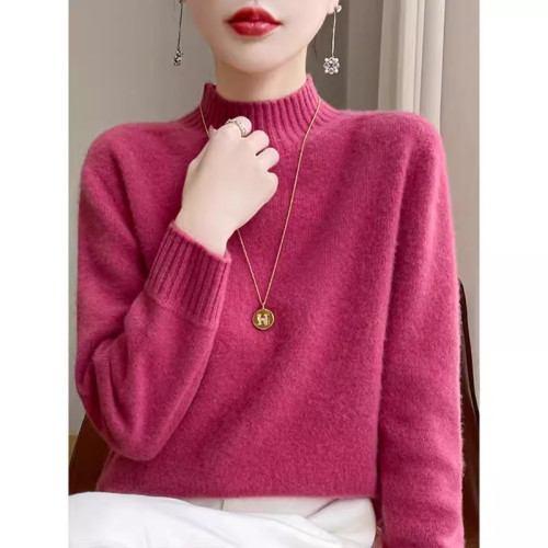 2025秋冬季半高領毛衣寬松中領針織衫立領套頭純色保暖羊毛打底衫