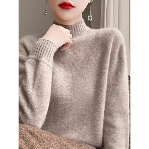 2025秋冬季半高領毛衣寬松中領針織衫立領套頭純色保暖羊毛打底衫