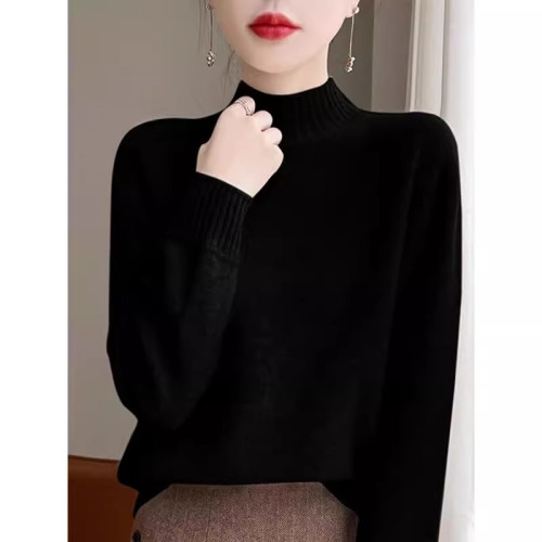 2025秋冬季半高領毛衣寬松中領針織衫立領套頭純色保暖羊毛打底衫