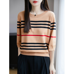 全棉線五分袖針織衫女條紋撞色圓領純棉線寬松內搭春夏打底衫上衣