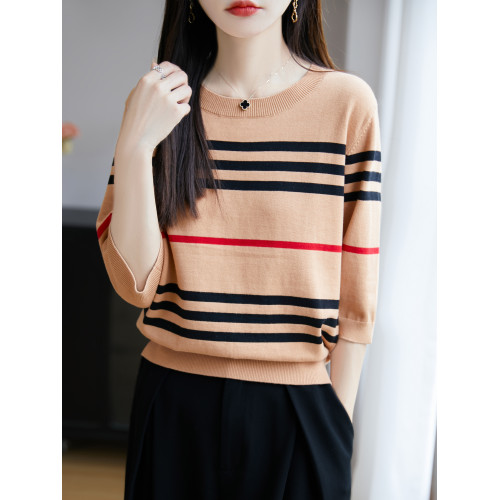 全棉線五分袖針織衫女條紋撞色圓領純棉線寬松內搭春夏打底衫上衣