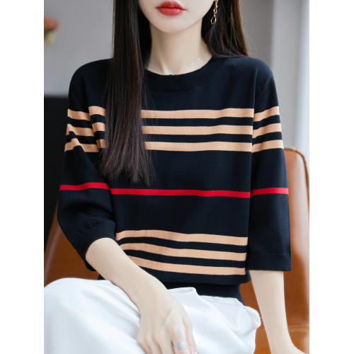 全棉線五分袖針織衫女條紋撞色圓領純棉線寬松內搭春夏打底衫上衣
