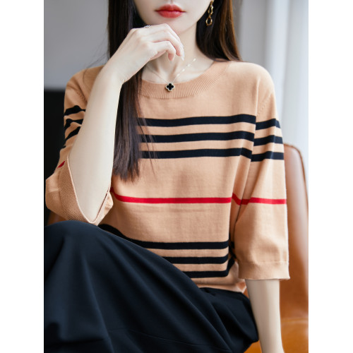 全棉線五分袖針織衫女條紋撞色圓領純棉線寬松內搭春夏打底衫上衣