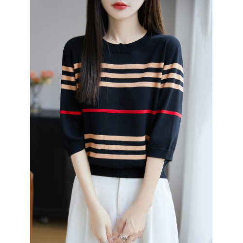 全棉線五分袖針織衫女條紋撞色圓領純棉線寬松內搭春夏打底衫上衣