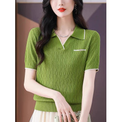 夏裝薄款V領外穿翻領純色冰絲短袖女韓版寬松短款打底衫上衣百搭