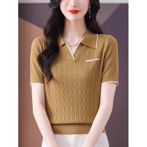 夏裝薄款V領外穿翻領純色冰絲短袖女韓版寬松短款打底衫上衣百搭