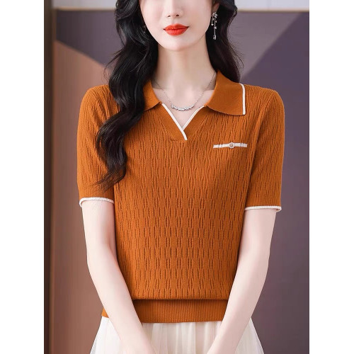 夏裝薄款V領外穿翻領純色冰絲短袖女韓版寬松短款打底衫上衣百搭