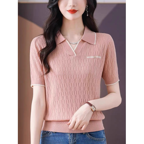 夏裝薄款V領外穿翻領純色冰絲短袖女韓版寬松短款打底衫上衣百搭