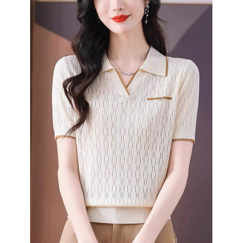 夏裝薄款V領外穿翻領純色冰絲短袖女韓版寬松短款打底衫上衣百搭