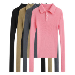 2025年秋季新款修身洋氣百搭翻領長袖針織衫輕薄透氣休閒打底衫女