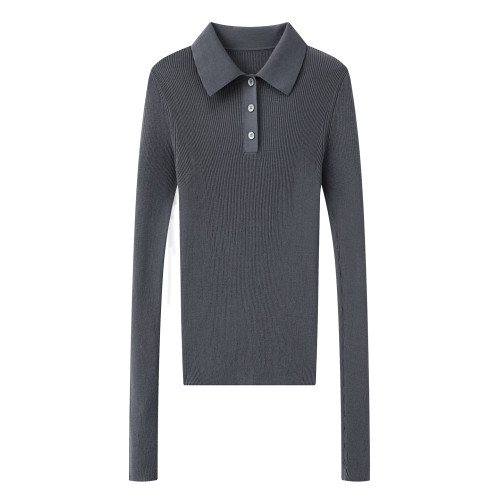 2025年秋季新款修身洋氣百搭翻領長袖針織衫輕薄透氣休閒打底衫女