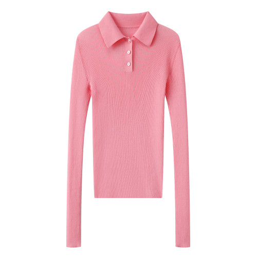 2025年秋季新款修身洋氣百搭翻領長袖針織衫輕薄透氣休閒打底衫女