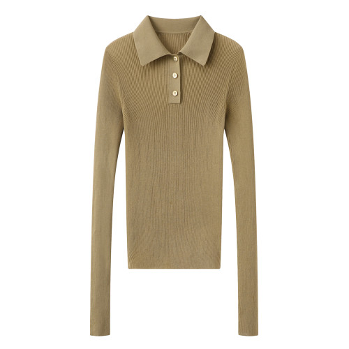 2025年秋季新款修身洋氣百搭翻領長袖針織衫輕薄透氣休閒打底衫女