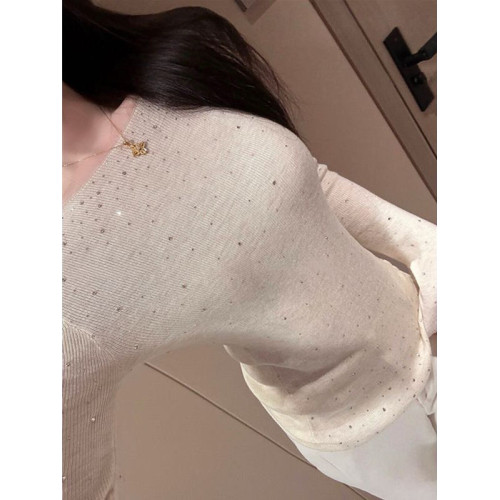 老錢風氣質重工燙鑽長袖針織衫春秋新款修身打底衫高級感內搭上衣