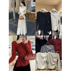 老錢風設計感斜領針織衫女秋冬新款長袖百搭獨特開叉打底衫毛衣