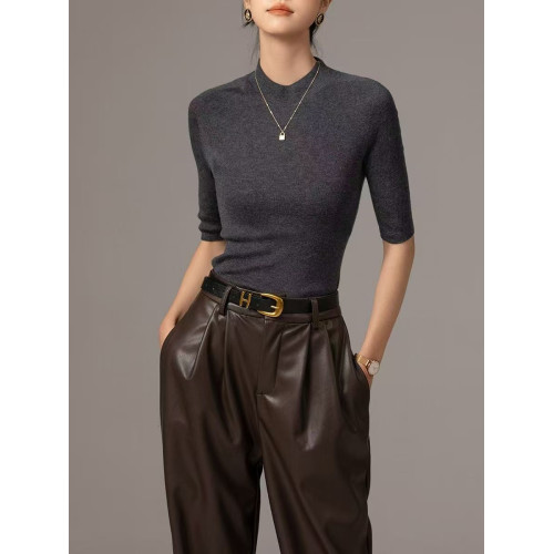 溫爾家 可機洗美麗諾細羊毛中袖女秋季半高領修身五分袖打底衫