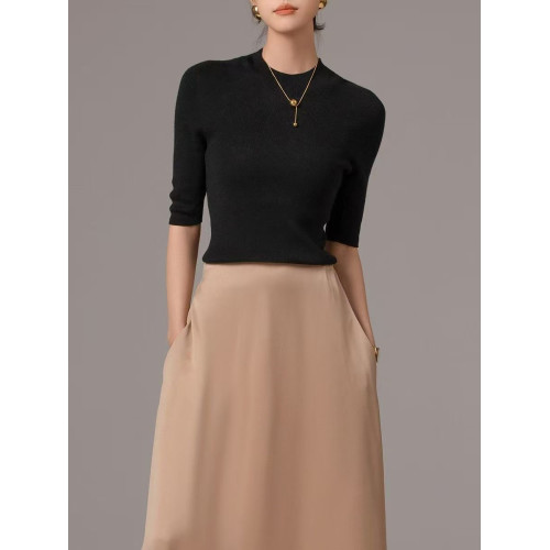 溫爾家 可機洗美麗諾細羊毛中袖女秋季半高領修身五分袖打底衫