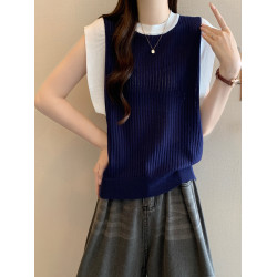 胖mm寬松遮肉顯瘦條紋鏤空針織背心女夏季外穿減齡百搭無袖打底衫