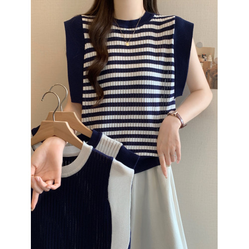 胖mm寬松遮肉顯瘦條紋鏤空針織背心女夏季外穿減齡百搭無袖打底衫