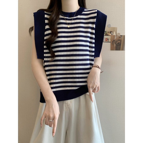 胖mm寬松遮肉顯瘦條紋鏤空針織背心女夏季外穿減齡百搭無袖打底衫