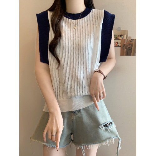 胖mm寬松遮肉顯瘦條紋鏤空針織背心女夏季外穿減齡百搭無袖打底衫