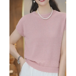 2025夏季新款女裝粉色圓領短袖毛針織衫女寬松套頭打底衫時尚洋氣