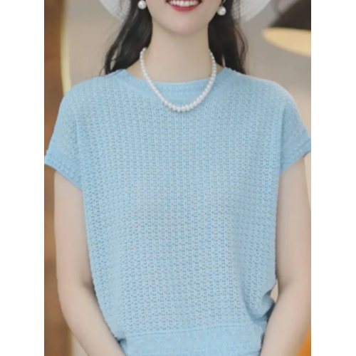 2025夏季新款女裝粉色圓領短袖毛針織衫女寬松套頭打底衫時尚洋氣