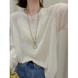 薄款寬松圓領長袖冰絲針織衫女夏季新款時尚洋氣百搭套頭防曬上衣