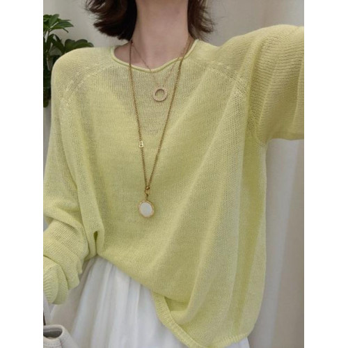 薄款寬松圓領長袖冰絲針織衫女夏季新款時尚洋氣百搭套頭防曬上衣