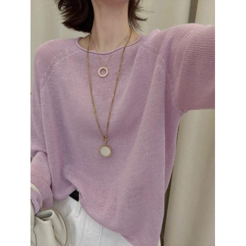 薄款寬松圓領長袖冰絲針織衫女夏季新款時尚洋氣百搭套頭防曬上衣