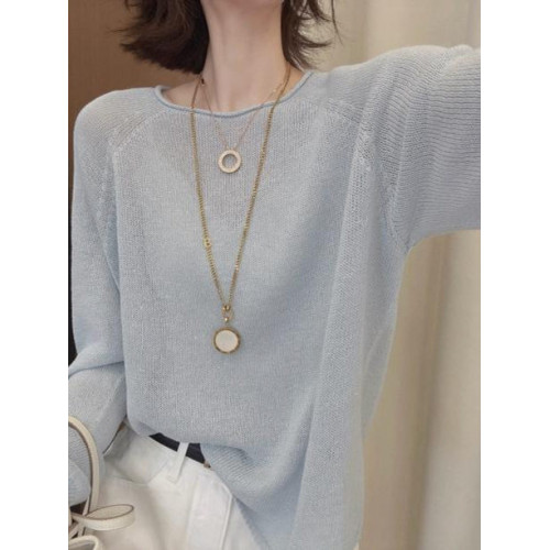 薄款寬松圓領長袖冰絲針織衫女夏季新款時尚洋氣百搭套頭防曬上衣