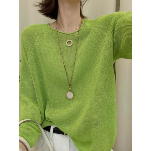 薄款寬松圓領長袖冰絲針織衫女夏季新款時尚洋氣百搭套頭防曬上衣