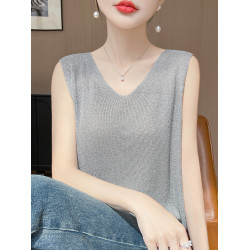 V領純色無袖背心女夏季2025新款打底衫洋氣大碼女裝冰絲針織上衣