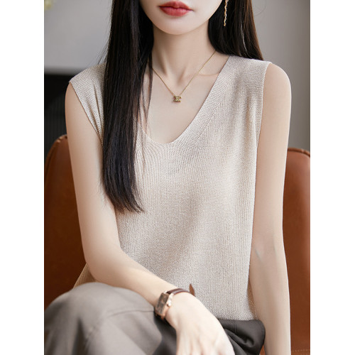 V領純色無袖背心女夏季2025新款打底衫洋氣大碼女裝冰絲針織上衣