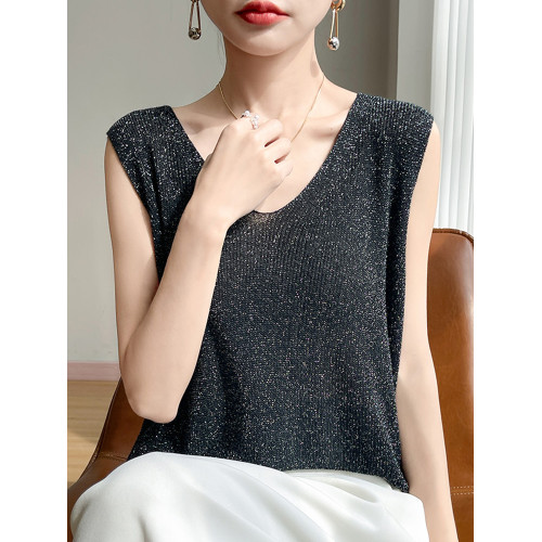 V領純色無袖背心女夏季2025新款打底衫洋氣大碼女裝冰絲針織上衣