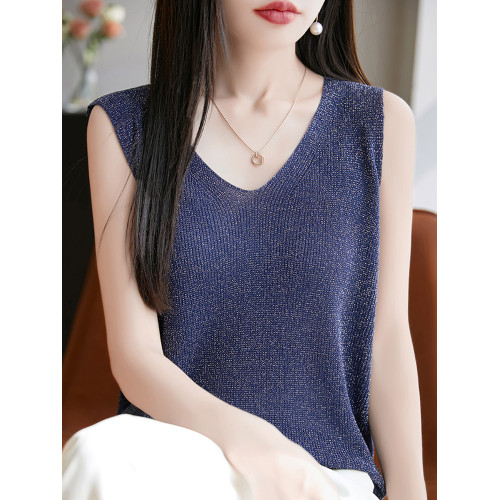 V領純色無袖背心女夏季2025新款打底衫洋氣大碼女裝冰絲針織上衣