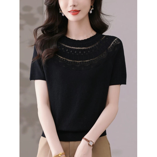 2025夏季新款女裝黑色圓領短袖毛針織衫女寬松套頭打底衫時尚洋氣