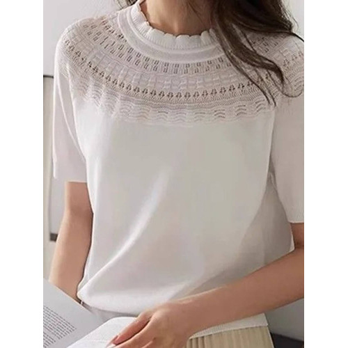 2025夏季新款女裝黑色圓領短袖毛針織衫女寬松套頭打底衫時尚洋氣