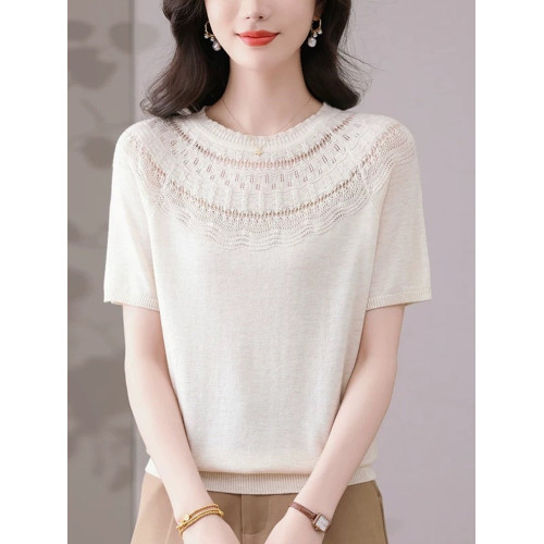 2025夏季新款女裝黑色圓領短袖毛針織衫女寬松套頭打底衫時尚洋氣