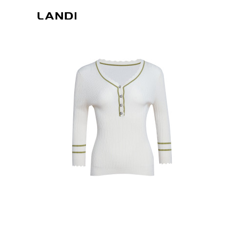 LANDI米色波浪V領撞色針織衫女春季新品七分袖修身打底衫上衣