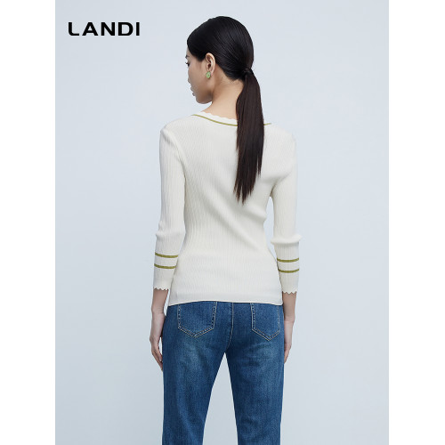 LANDI米色波浪V領撞色針織衫女春季新品七分袖修身打底衫上衣